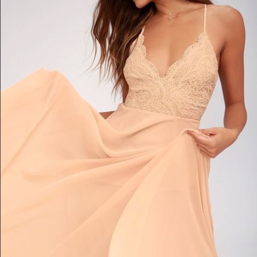 Lulu’s Pink Madalyn Blush Lace Maxi Dress